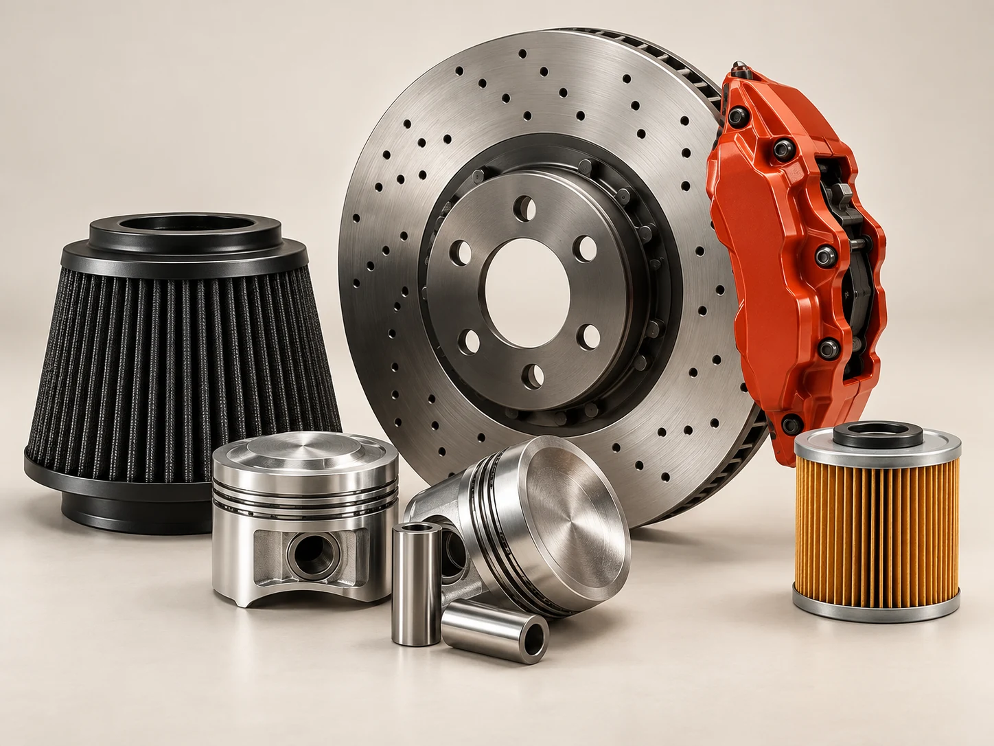 Brake disc, caliper, filters and pistons in an off-white studio
