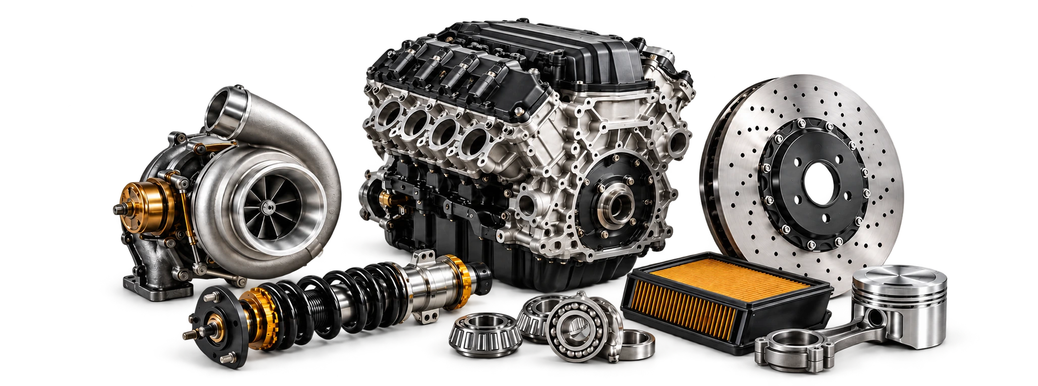 Precision automotive engine, turbocharger, brake rotor and spare parts in a light studio